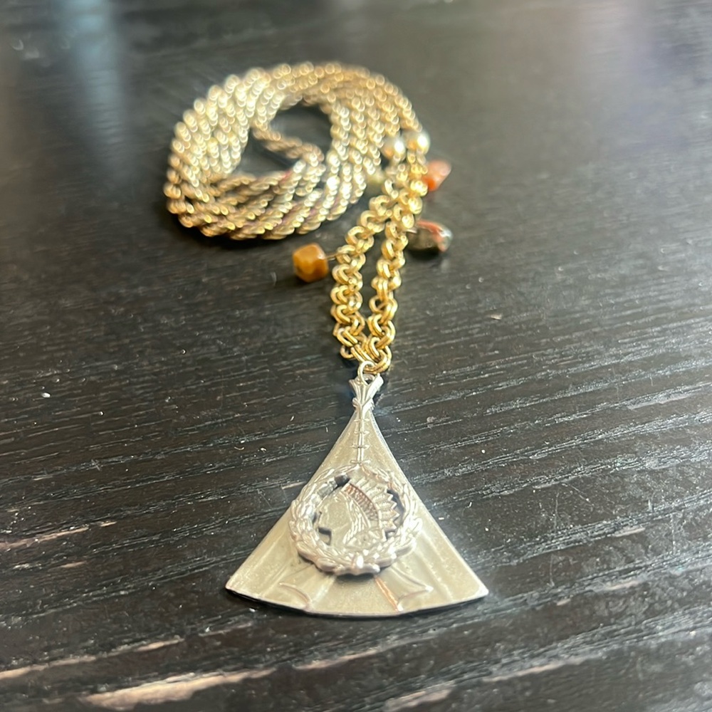 Beaded, Gold, Threaded Long Necklace with Indigenous Pendant “Musician”